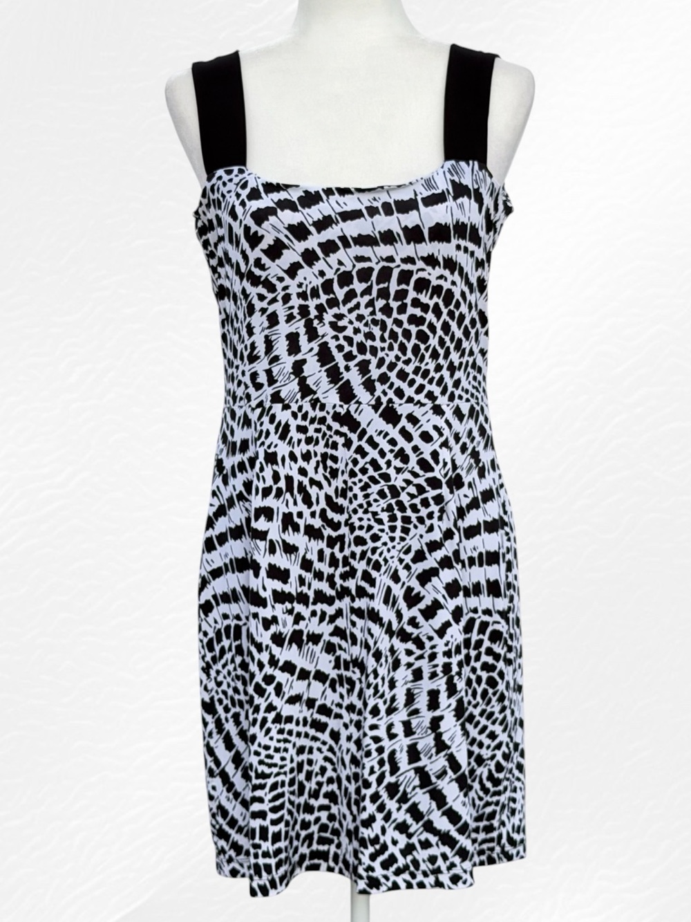 Sharon Max Y2K Black & White Abstract Geometric Sleeveless Full Back Zip Dress L